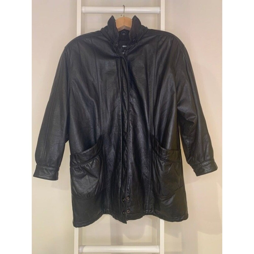 J Ferrar Leather Jacket L Black Zip Stand Collar Vintage